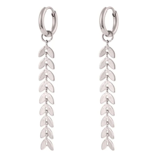 Pendientes largos hojas acero plateado