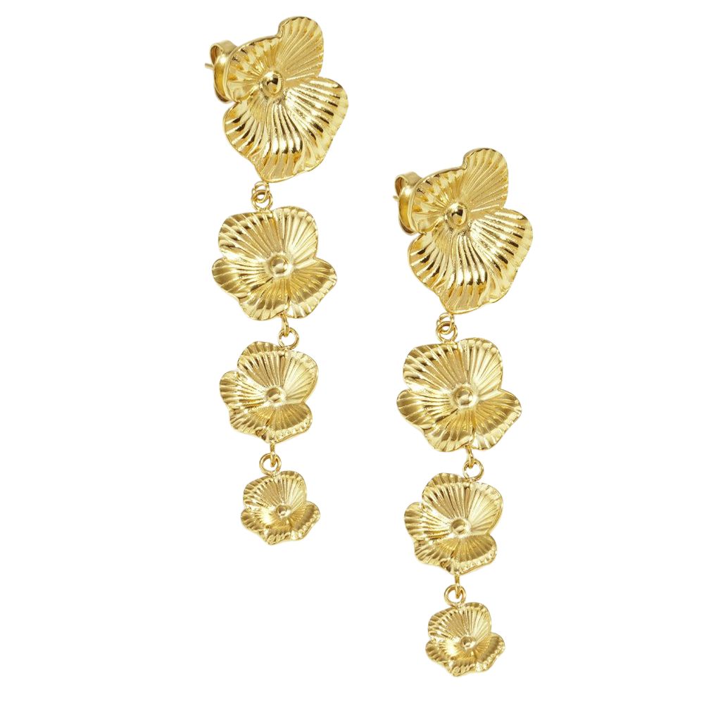 Pendientes largos flores acero dorado