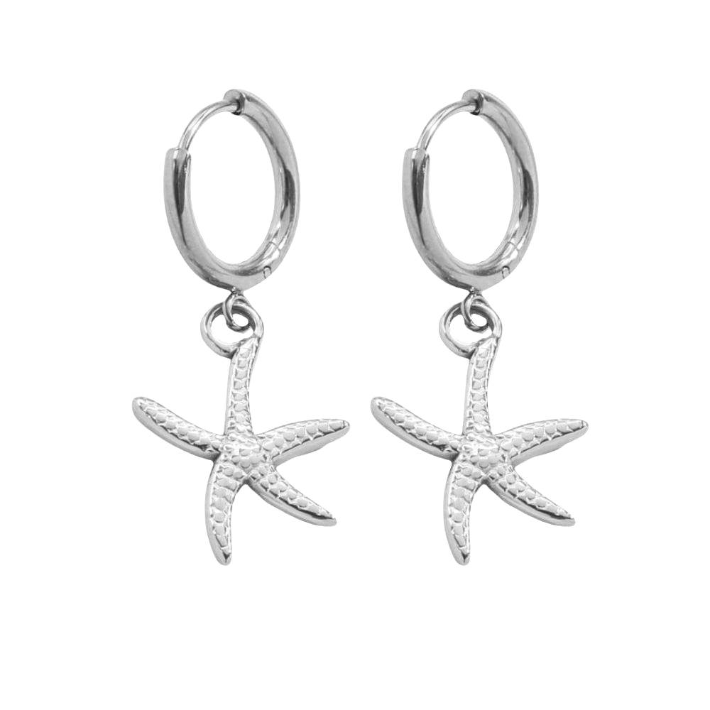 Pendientes aro con estrella de mar acero plateado