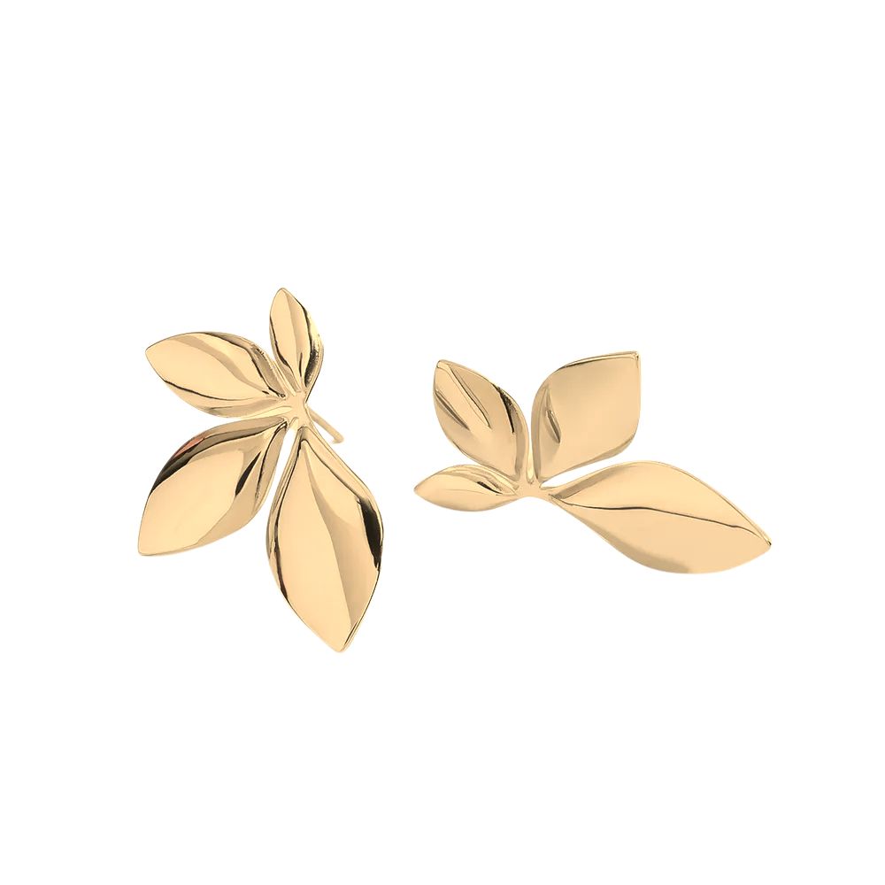 Pendientes largos botón hojas acero dorado